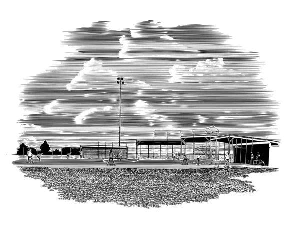 Woodcut Illustration View Left Field High School Girl Softball Game — Stock Vector