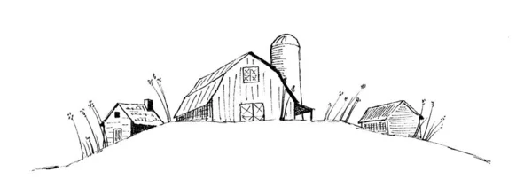 Eski Bir Ahır Çiftlik Sahnesinin Kalem Mürekkep Stili Illüstrasyonu — Stok Vektör