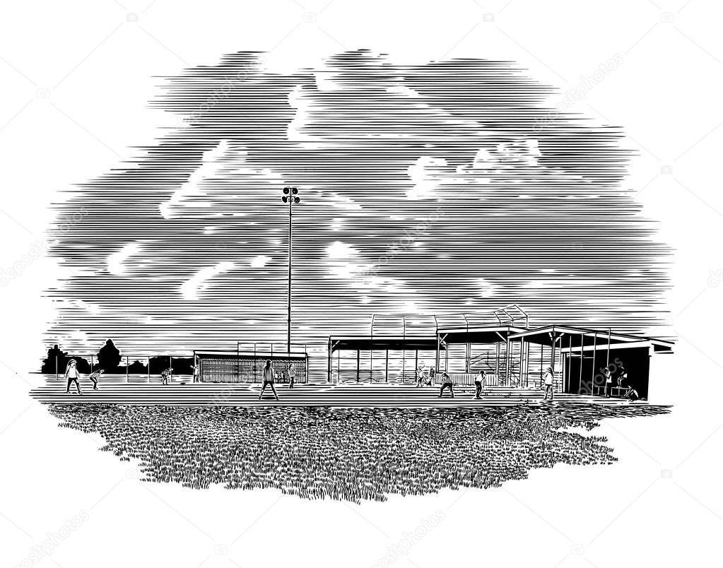 Woodcut illustration of the view from left field of a high school girl's softball game.