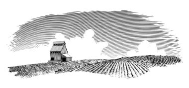 Peyzaj sahnesinde bir tahıl asansör Woodcut tarzı illüstrasyon.