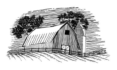 Bir ahır ve silo Woodcut illüstrasyon.