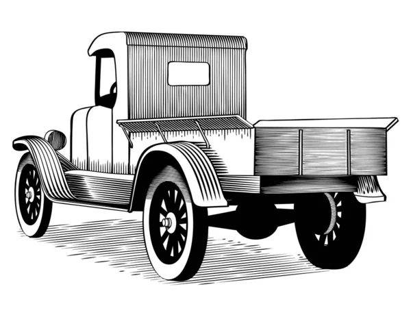 Illustrazione Stile Woodcut Vecchio Camion Agricolo — Vettoriale Stock