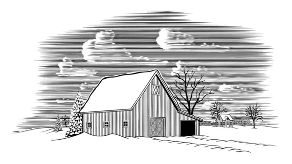 Woodcut Illustration Winter Barn Scene Snow Ground — Stock Vector