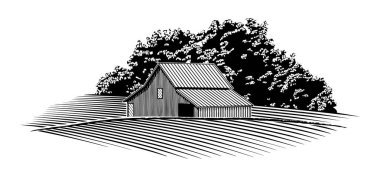 Bir ahır ve tarla woodcut illüstrasyon.