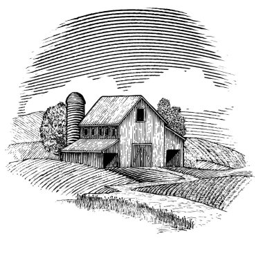 Bir ahır Woodcut illüstrasyon.