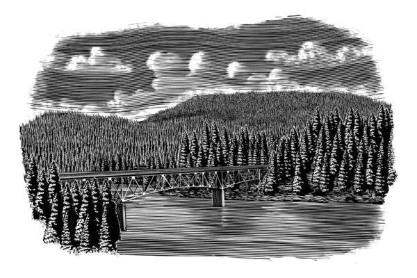 Illustration Bois Pont Dessus Une Rivière — Image vectorielle