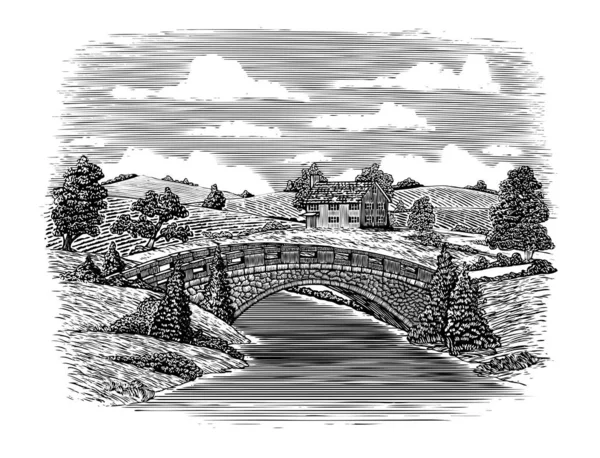 Woodcut Illustration Bridge Stream Rural Country Setting — Stock Vector