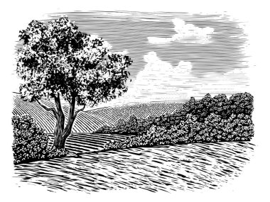 Bir kırsal sahnewoodcut illüstrasyon.