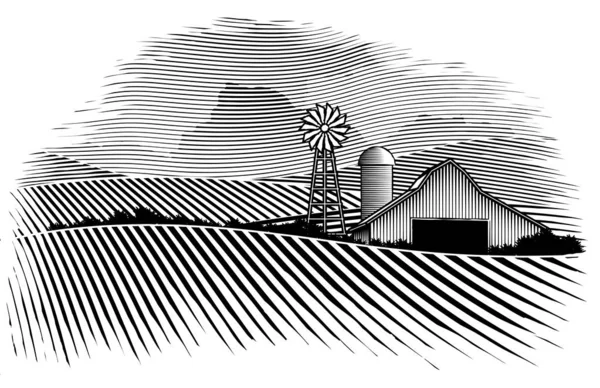 納屋と畑の木版画 — ストックベクタ