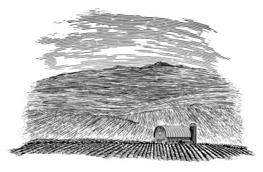 Bir ahır ve tarlanın woodcut tarzı illüstrasyon.