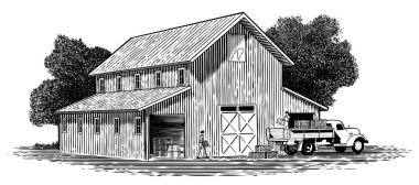 Arka planda bir ahır ile bir kamyon üzerine ürün sandıkları yükleme çiftçilerin Woodcut tarzı illüstrasyon.