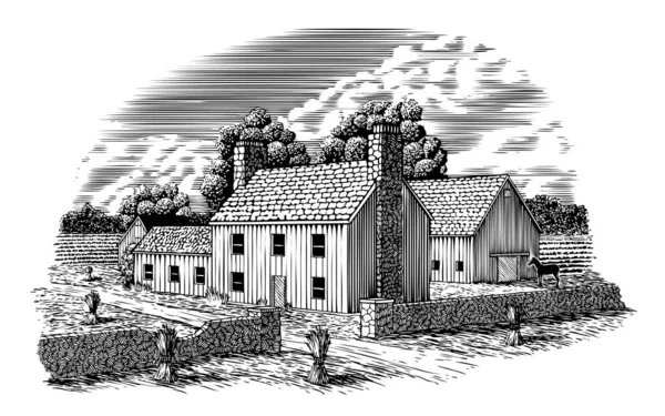 Woodcut Ilustração Uma Fazenda Inglesa Com Pilhas Feno Campo — Vetor de Stock