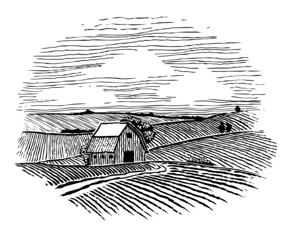 Woodcut İllüstrasyon bir ahır a giden bir yol ile bir çiftlik.