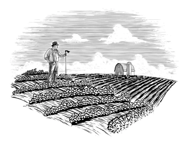 Bir çiftçinin ağaç kesimi illüstrasyonbitkileri onun alanları üzerinden bakan.