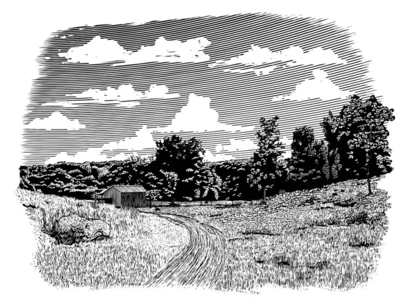 Illustration Style Gravure Sur Bois Chemin Terre Menant Une Ancienne — Image vectorielle