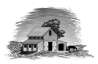 Yakınlarda otlayan bir ordövrlü bir ahırın woodcut tarzı illüstrasyonu.