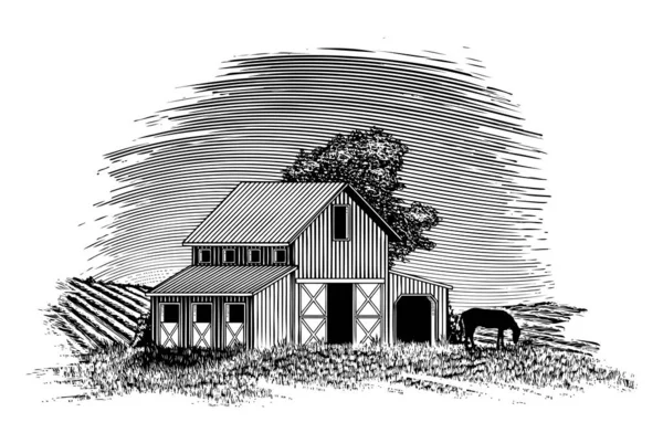 Yakınlarda otlayan bir ordövrlü bir ahırın woodcut tarzı illüstrasyonu.
