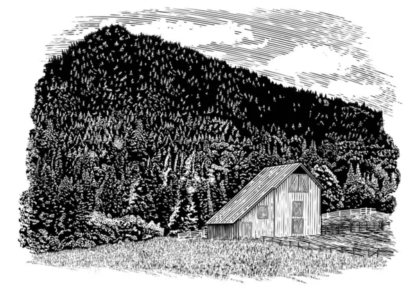 Ilustração Estilo Woodcut Celeiro Antigo Com Uma Montanha Fundo —  Vetores de Stock