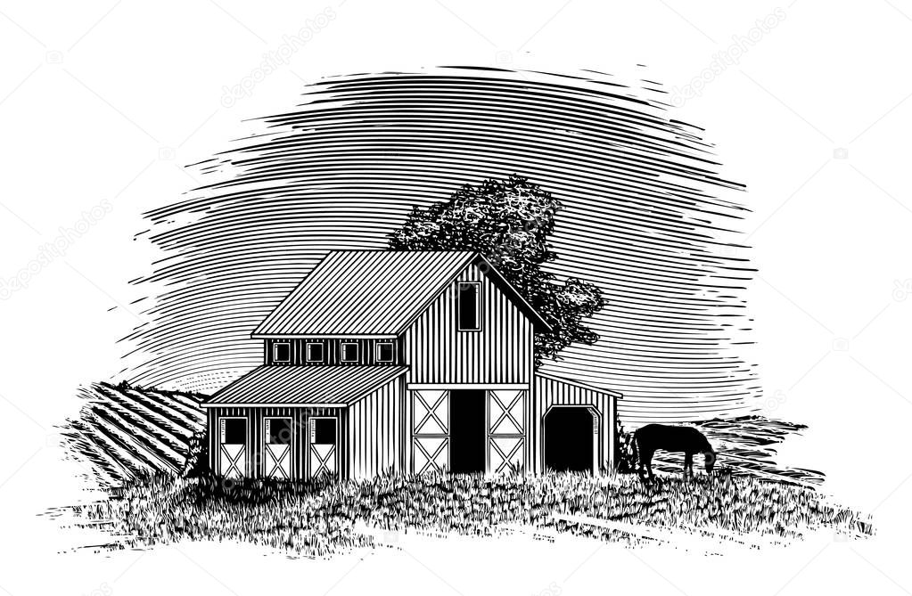 Woodcut-style illustration of a barn with a hors grazing nearby.