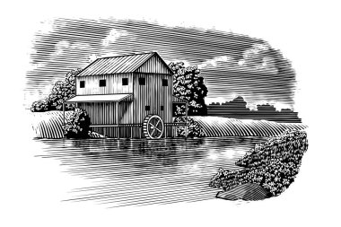 Tarafından akan bir nehir ile bir değirmen Woodcut tarzı illüstrasyon.