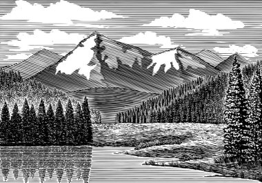 Woodcut-style illustration of a river with a mountain in the background. clipart