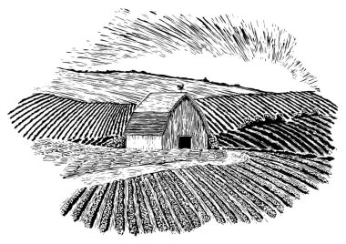 Arka planda ve ön planda haddeleme çiftlik tepeleri ile bir ahır Woodcut tarzı illüstrasyon. Toprak bir yol, bir saman tarlasının önünden geçerken ahıra çıkıyor..