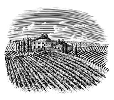 Eve giden bir yol ile eski bir İtalyan Bağ Woodcut illüstrasyon.