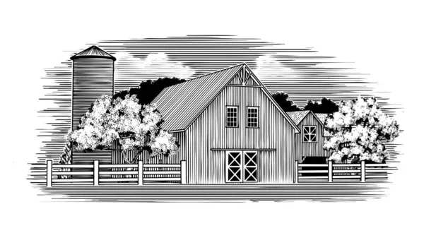 Woodcut Illustration Old Barn — Stock Vector