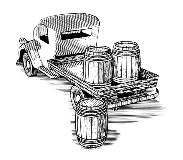 Ilustración Tallada Madera Viejo Camión Plataforma Que Transportaba Barriles Madera — Vector de stock