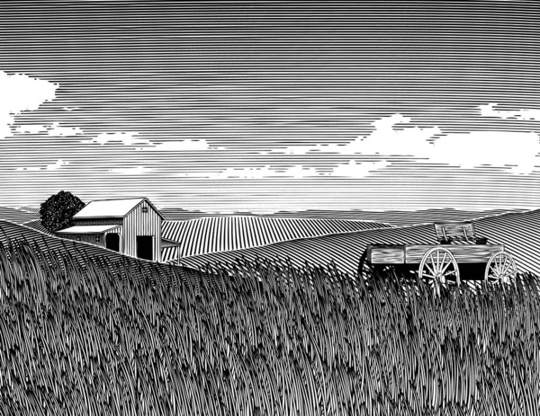 Illustrazione Stile Woodcut Paesaggio Agricolo — Vettoriale Stock