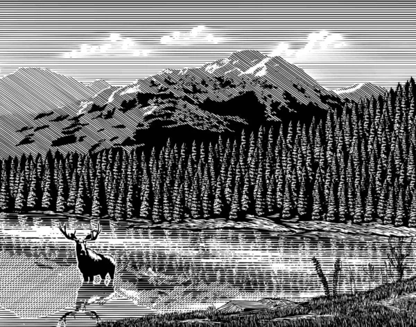 Woodcut Illustration Mountain Scene Moose Foreground — Stock Vector