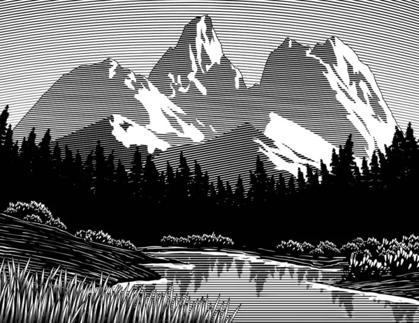 山を背景にした湖の木版画 — ストックベクタ