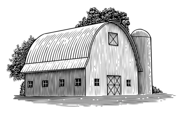 丸い屋根を持つ納屋の木版画図 — ストックベクタ
