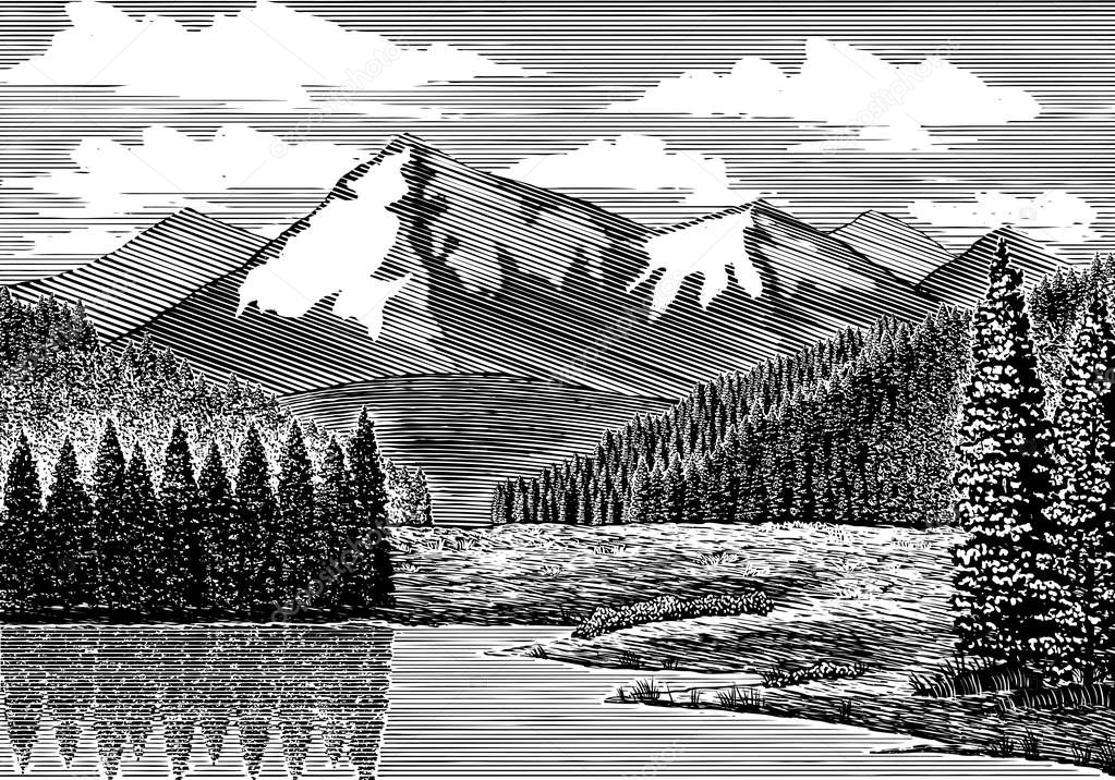 Woodcut-style illustration of a river with a mountain in the background.