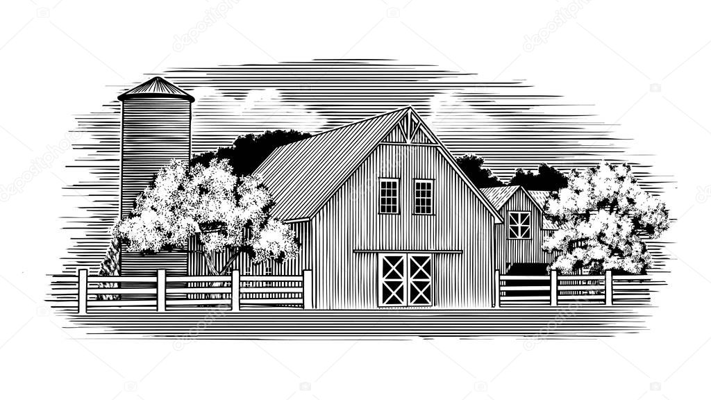 Woodcut illustration of an old barn.