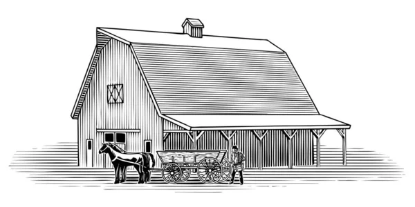 Ilustración Madera Agricultor Cargando Cajas Vagón Tirado Por Caballos — Archivo Imágenes Vectoriales