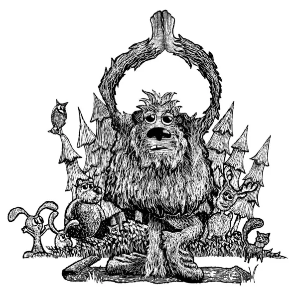 Scratchboard Illustration Bigfoot Gör Yoga Skogen Med Skogens Djur Gawking — Stock vektor