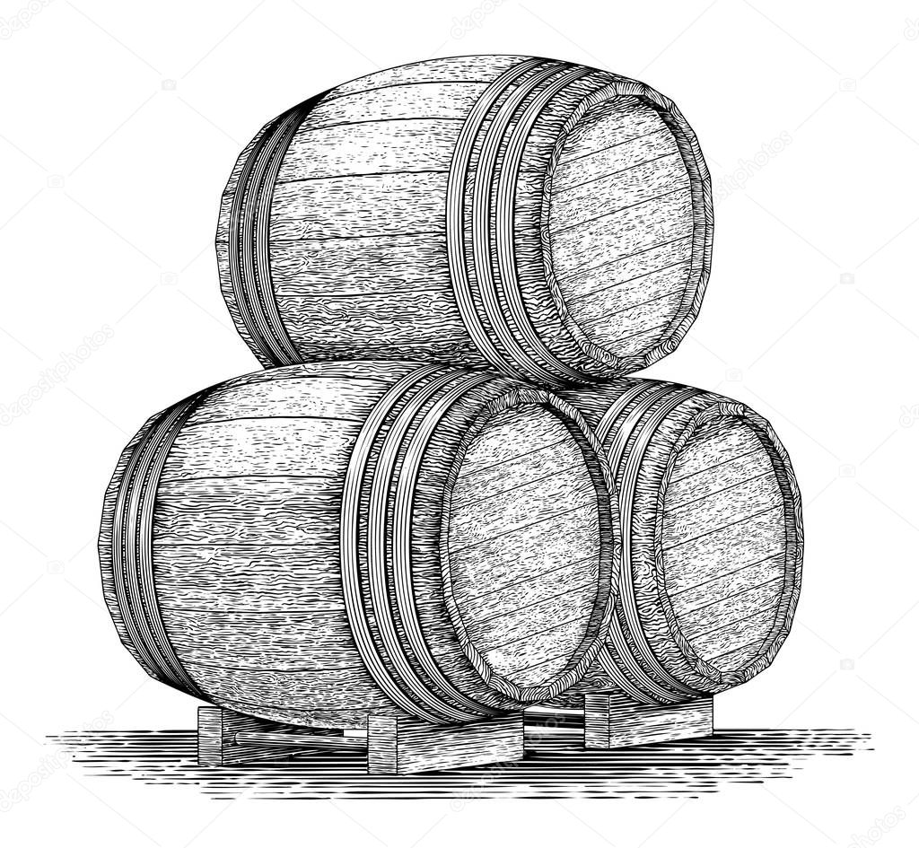 Woodcut-style illustration of a stack of wooden barrels.