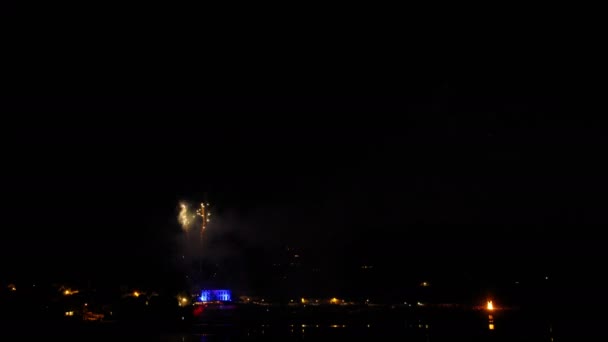 夜间在海滩上的沿海小村庄的烟花表演 国庆节 黑色天空 — 图库视频影像