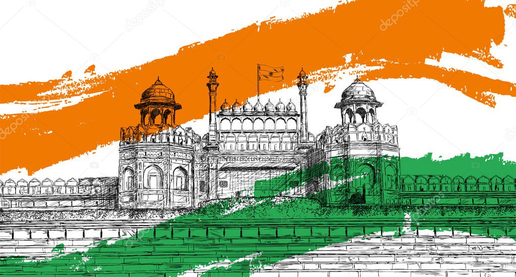 Indian Independence Day - Red Fort, India with Tricolor Flag Vector Illustration