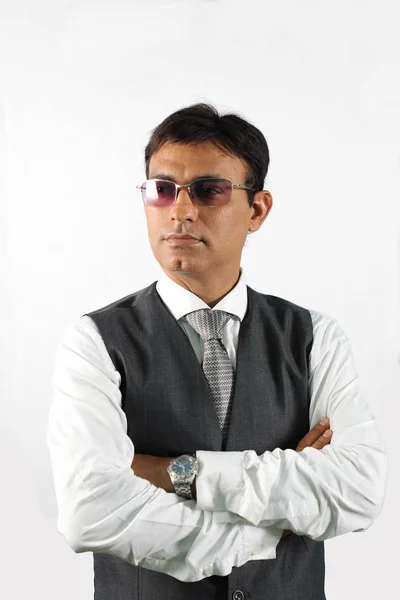 Confident Indian Businessman Executive Sunglasses Isolated White Background — Stock Photo, Image