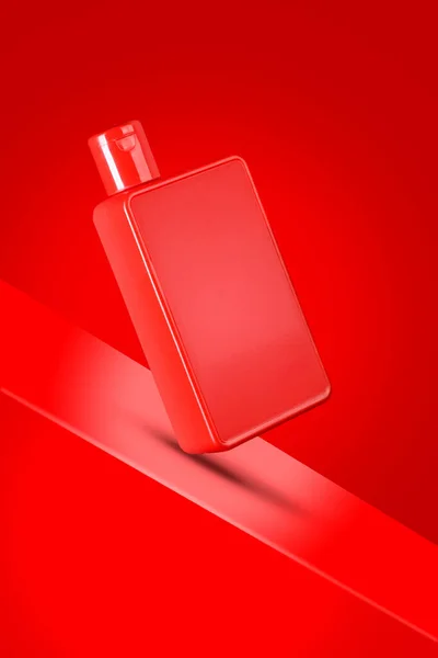 Shampoo Doccia Gel Bottiglia Sanitizer Rosso Colorato Mockup Sfondo Rosso — Foto Stock