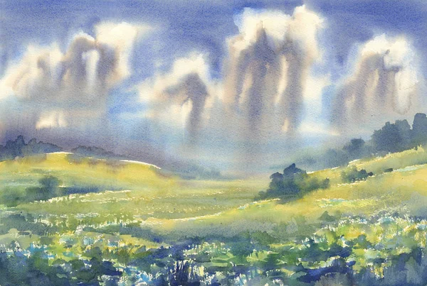 Summer Meadow Watercolor Landscape Cloudy Sky Rain — Stock Photo, Image