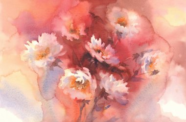 Beyaz gül kırmızı arka plan suluboya. Sevgi çiçekleri