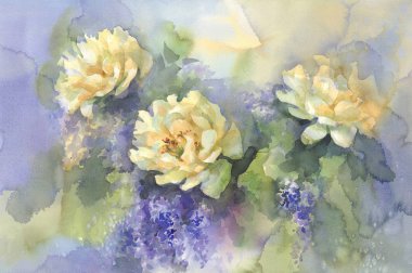 Işık peonies leylak suluboya arka plan ile. Yaz çiçek