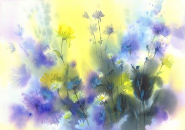 Renkli güneşli çayır suluboya arka plan. Doğum günü kartı