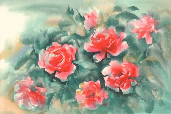 Rose Arancioni Acquerello Sfondo Verde Fiori Amore — Foto Stock