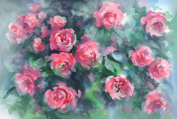 Rosa Rosor Grön Bakgrund Akvarell Älskar Blommor — Stockfoto