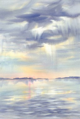 Sabah gökyüzü su suluboya manzara üzerine düşünceler. Yaz tatillerini