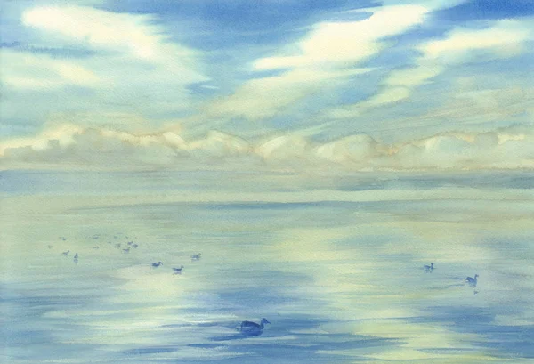 朝空雲反射水水彩風景 夏の休暇 — ストック写真